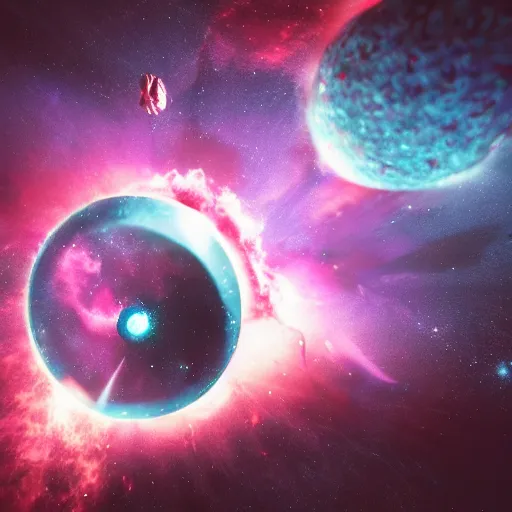 Prompt: A deep space scene with a nebula and stars, dynamic, dream like, 3D, CG render, made in Maya and Photoshop, octane render, dynamic camera angle, deep 3 point perspective, fish eye, by Filip Hodas