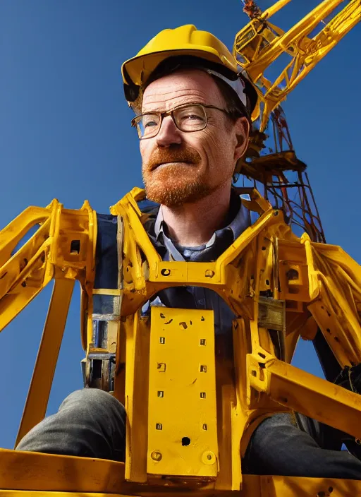 Prompt: closeup portrait of mecha bryan cranston construction crane frame, yellow hardhat, natural light, bloom, detailed face, magazine, press, photo, steve mccurry, david lazar, canon, nikon, focus