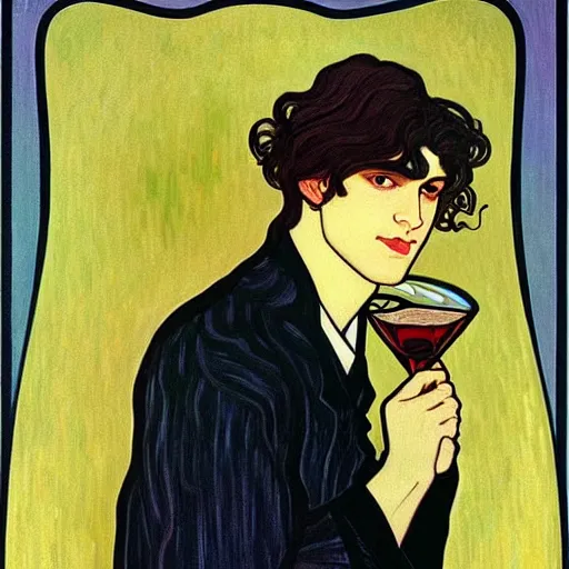 Prompt: painting of young handsome beautiful dark medium wavy hair man in his 2 0 s named shadow taehyung at the cucumber and banana soup party with martini glass, elegant, clear, painting, stylized, delicate, soft facial features, art, art by alphonse mucha, vincent van gogh, egon schiele