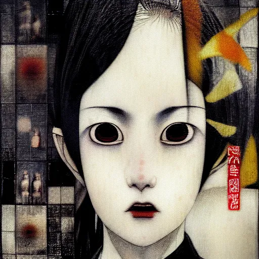 Image similar to yoshitaka amano blurred and dreamy realistic portrait of a woman with black eyes and white hair wearing dress suit with tie, junji ito abstract patterns in the background, satoshi kon anime, noisy film grain effect, highly detailed, renaissance oil painting, weird portrait angle, blurred lost edges, three quarter view