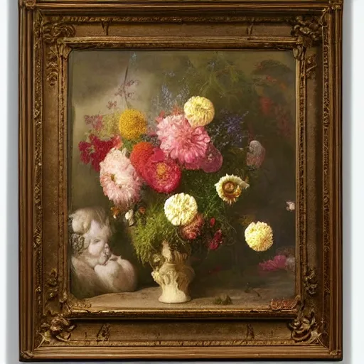 Image similar to ordered garfield by eugene von guerard, by william oxer. this digital art is a large canvas, covered in a wash of color. in the center is a cluster of flowers, their petals curling & twisting in on themselves. the effect is ethereal & dreamlike, & the overall effect is one of serenity & peace.