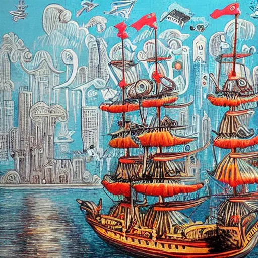 Image similar to by ed roth stormy. a installation art of a tall ship sailing through a cityscape. the ship is adorned with intricate details, while the cityscape is filled with towering palaces & other grand buildings.