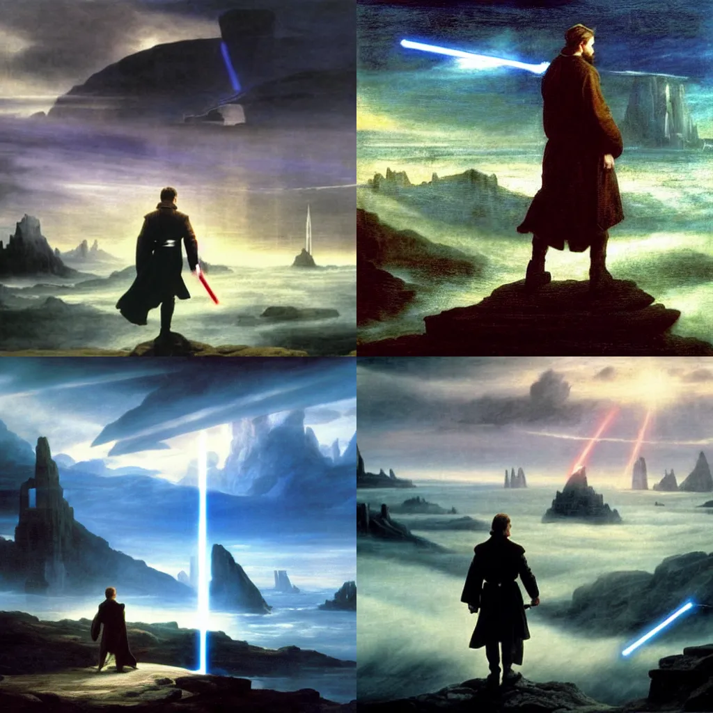 Prompt: Obi-Wan Kenobi holding blue lightsaber, wanderer above the sea of fog by caspar david friedrich, dramatic lighting, stardestroyer in the background, epic, galaxy, extreme detail