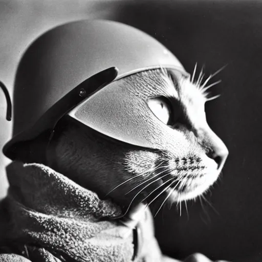 Image similar to close up of a cat wearing soldier helmet in the battle, ww2 historical photography, black and white