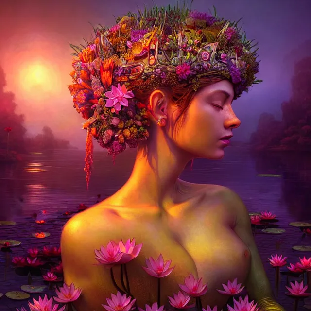 Image similar to Beautiful 3d render of the flower queen goddess in a sensual pose near a pond full of lotus, atmospheric lighting, painted, intricate, volumetric lighting, beautiful, rich deep colours masterpiece, sharp focus, ultra detailed, in the style of Dan Mumford and marc simonetti, with a crowded futuristic cyberpunk city in the background, astrophotography