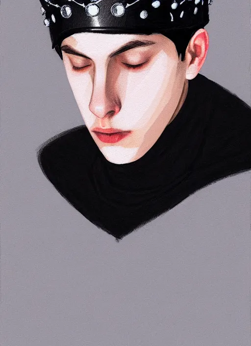 Image similar to portrait of teenage jughead jones wearing a light grey crown, photorealistic, crown, eyes closed, crown, black hair, sweater with letter s on it, letter s, intricate, elegant, glowing lights, highly detailed, digital painting, artstation, concept art, smooth, sharp focus, illustration, art by wlop, mars ravelo and greg rutkowski