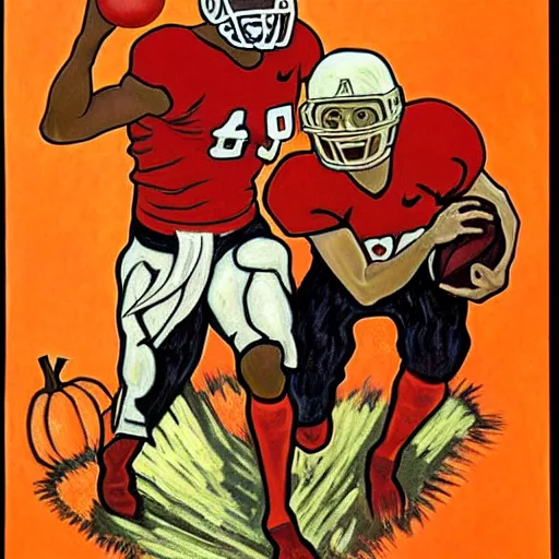 Image similar to painting of arkansas razorbacks players using a pumpkin as a football at the halloween jack o'lantern party, elegant, clear, painting, stylized, delicate, soft facial features, art, art by alphonse mucha, vincent van gogh, egon schiele