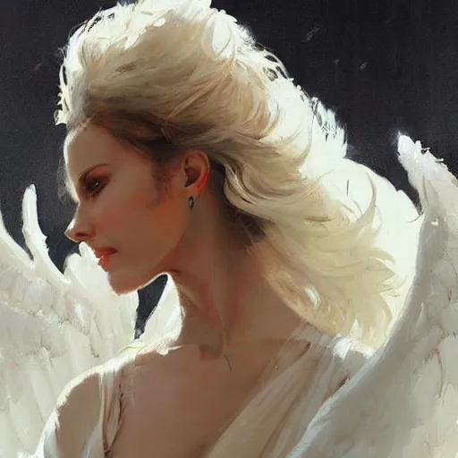 Image similar to Painting by Greg Rutkowski, an opera singer in a white dress with wings on stage