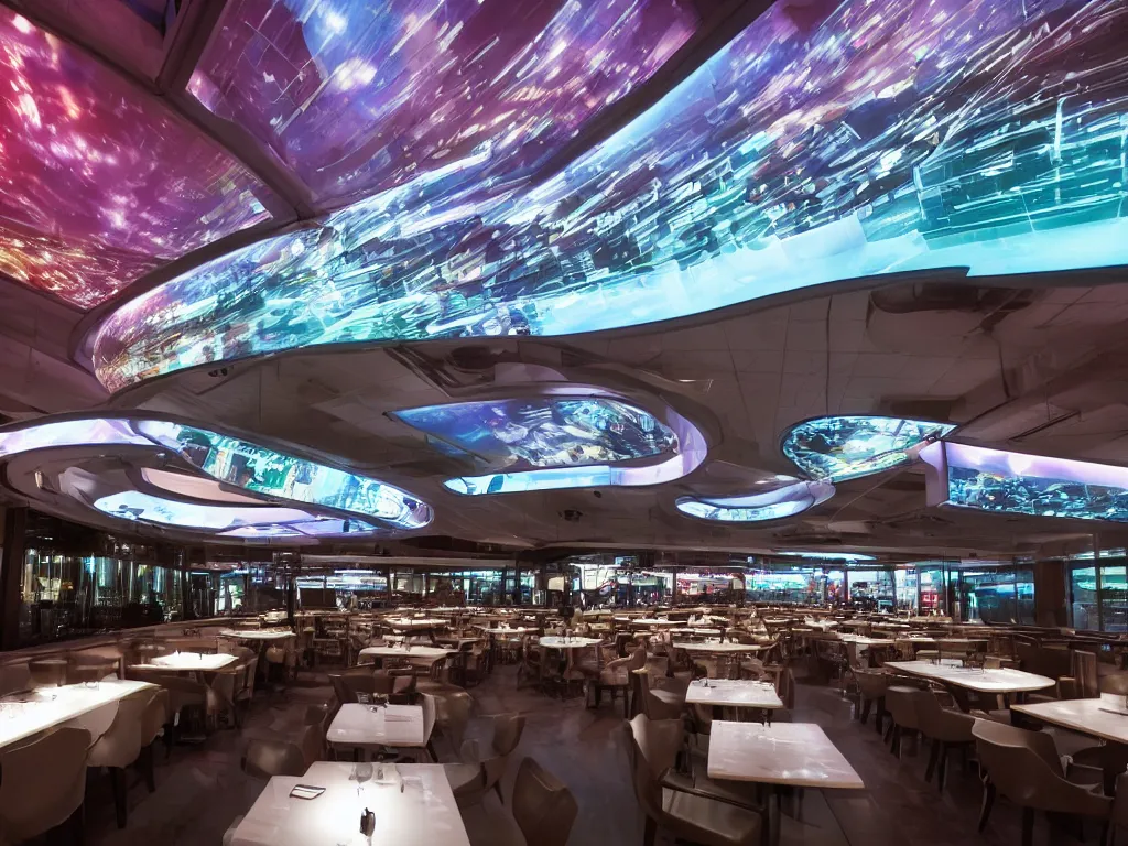 Image similar to visor with curved translucent screens projecting detailed sci - fi art, pixel perfect photograph, high contrast, volumetric lighting, thin glowing lights, restaurant, chairs, users, pair of keys