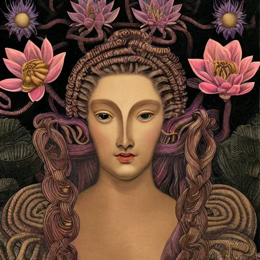 Image similar to detailed, portrait of medusa, surrounded by lotus flowers and geometry