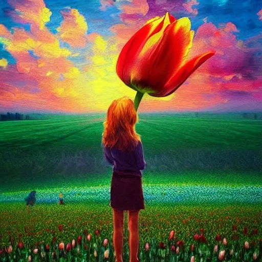 Image similar to girl with a giant tulip head, surreal photography, flower field, sunset dramatic light, impressionist painting, colorful clouds, blue sky, digital painting, artstation, simon stalenhag