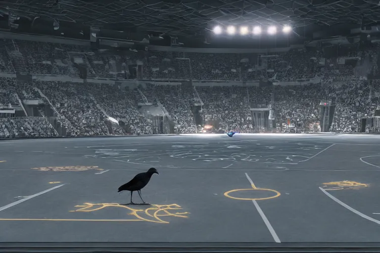 Image similar to the raven bird in the sports arena, octane render, realistic, unreal engine 5, raytracing, trending on artstation