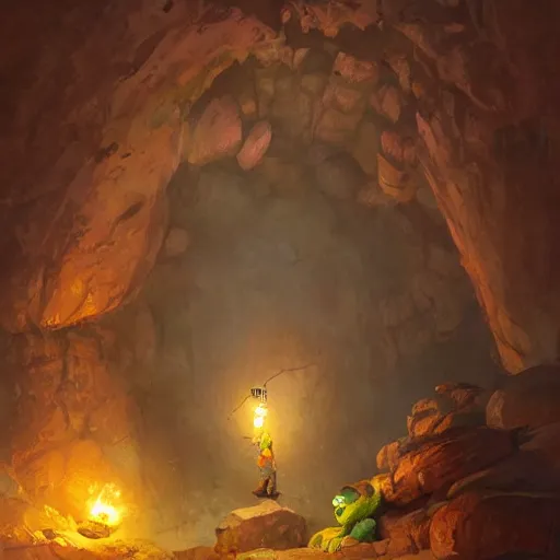 Image similar to happy pepe the miner in the cave, greg rutkowski