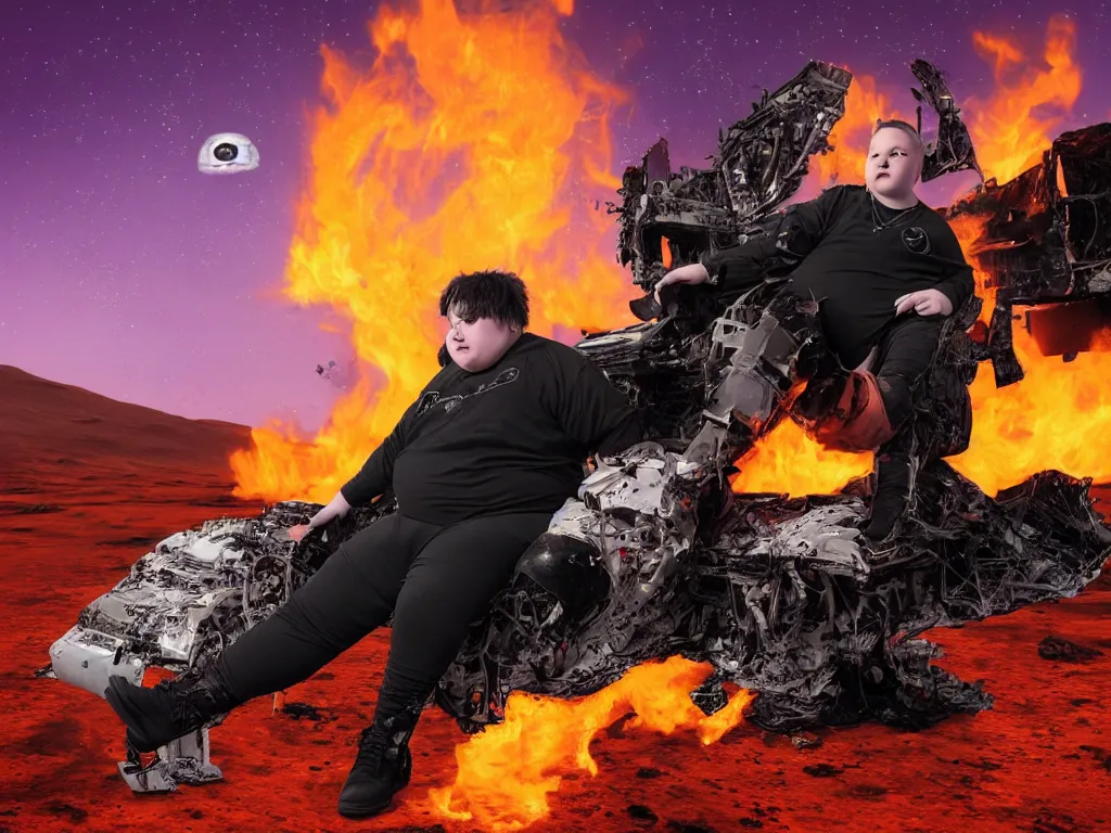 Image similar to portrait of an overweight depressed teenager with emo haircut wearing gothy purple and black spandex suit, sitting next to smashed burning spacecraft wreckage, on the orange surface of mars, highly detailed, dramatic lighting, photorealistic, cinematic