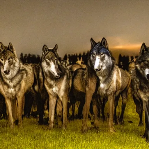 Image similar to wolf pack surrounding two horses at night