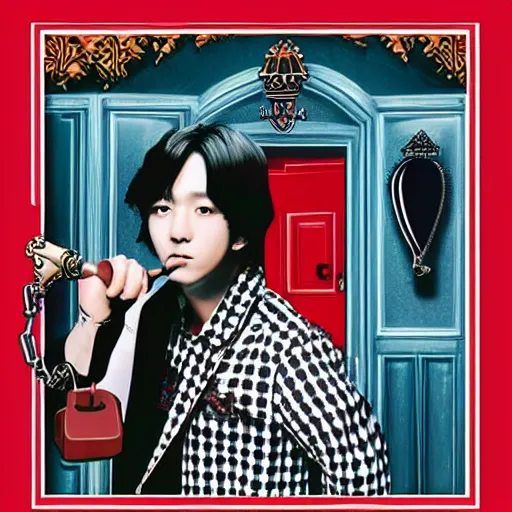 Image similar to kim kibum from shinee using a skeleton key to unlock his red front door, in the art style of alex gross