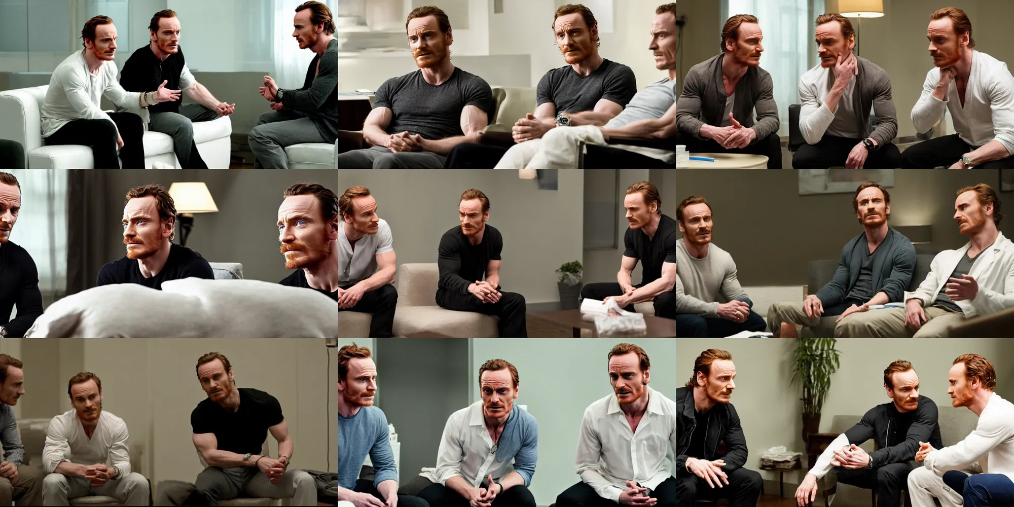 Prompt: scene from a movie by Michael Bay, Michael Fassbender as a therapist listening to his patient Michael Fassbender talk about his dreams