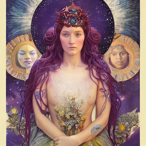 Image similar to queen of the moon with stars in her hair, by tino rodriguez and annie swynnerton and nicholas roerich and jean delville and donato giancola and tom bagshaw and evelyn demorgan and diego rivera, dramatic lighting, floral tattoos, rich colors, smooth sharp focus, extremely detailed, adolf wolfli