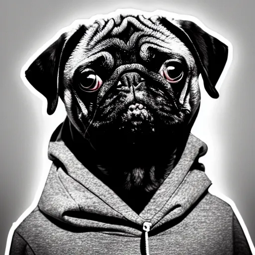 Image similar to a sad pug wearing a hoodie, the word ( sad ) is written on the hoodie in upper case letters, digital art, synthwave style, trending on artstation, matte painting