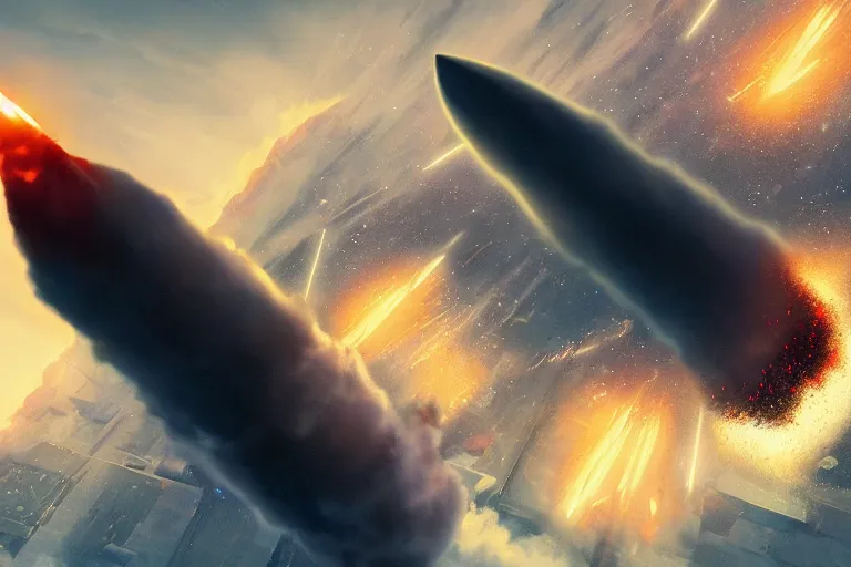 Prompt: an intercontinental ballistic missile exploding mid - air above a huge town, concept art, digital painting, trending on artstation, deviantart, highly detailed, perfect composition, dramatic lighting, sharp focus, 8 k uhd