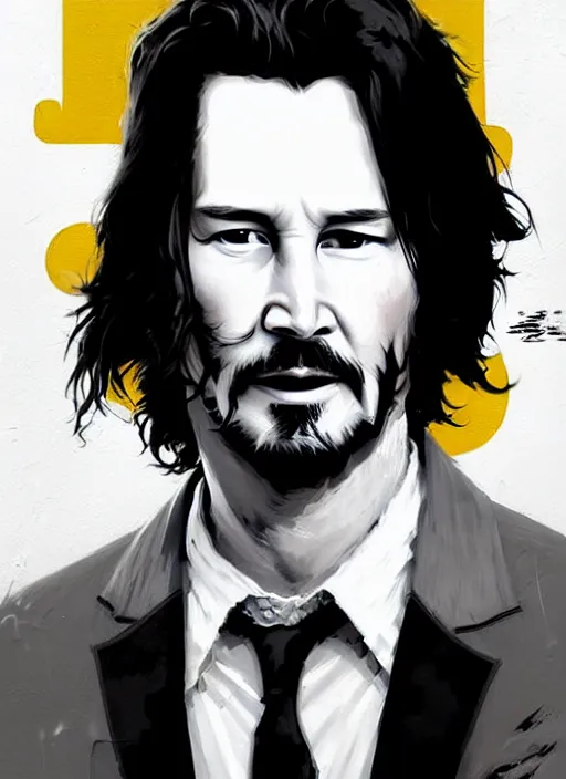 Image similar to highly detailed closeup portrait of cool keanu reeves, wavy hair, jhonny depp, black suit by atey ghailan, by greg rutkowski, by greg tocchini, by james gilleard, by joe fenton, by kaethe butcher, gradient yellow, black and white color scheme, grunge aesthetic!!! ( ( graffiti tag wall background ) )