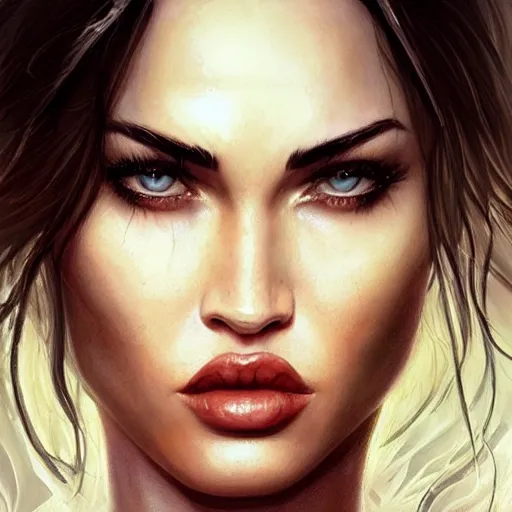 Image similar to megan fox, d & d, fantasy, portrait, highly detailed, perfect face, digital painting, trending on artstation, concept art, sharp focus, illustration, art by artgerm and greg rutkowski and magali villeneuve