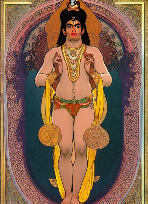 Image similar to a full body portrait of beautiful ornated hanuman!!!! god with flowing medium hair, soft facial features, kind appearence, digital art by alphonse mucha, inspired by krishen khanna and madhvi parekh, symmetrical body, artgerm, portrait, muted color scheme, highly detailed, outrun art style