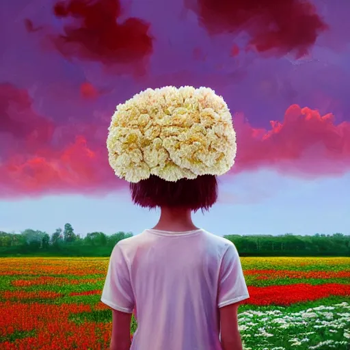 Image similar to head made of carnations flower, girl standing in the middle of a flower field, surreal photography, sunrise dramatic light, impressionist painting, colorful clouds, digital painting, artstation, simon stalenhag, flower face