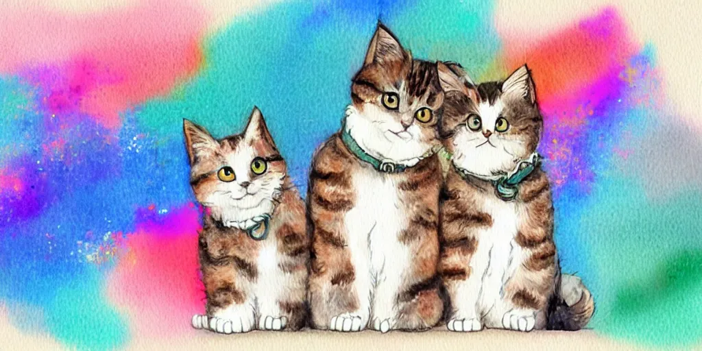 Image similar to watercolor illustration style, cute cats use mobile phone