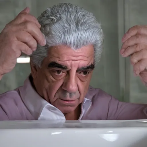 Image similar to phil leotardo in a bathroom washing his hands, realistic, photorealistic, 8 k