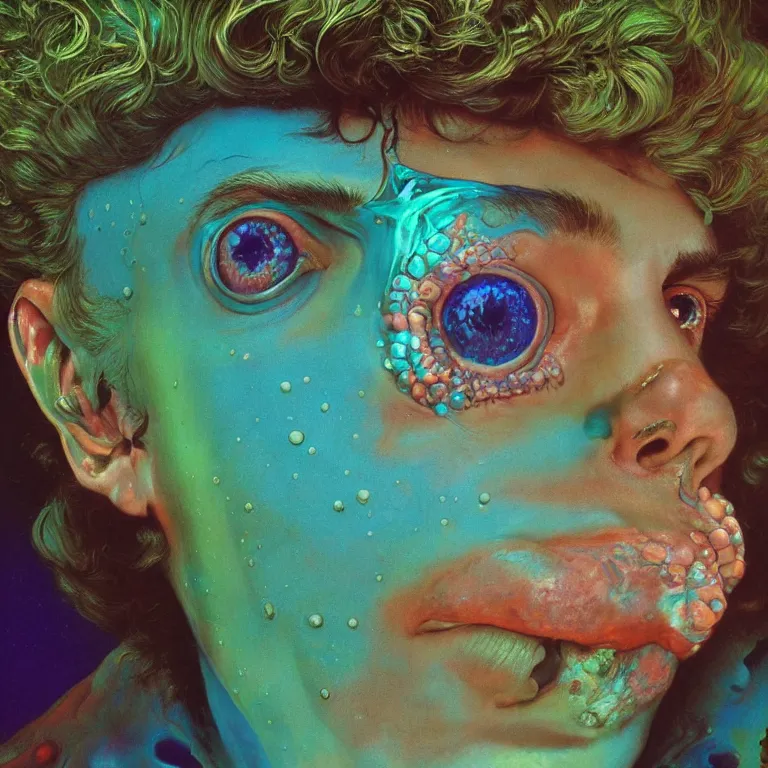 Prompt: Hyperrealistic intensely colored close up studio Photograph portrait of a deep sea bioluminescent Timothy Chalamet covered in chromatophores, symmetrical face realistic proportions eye contact golden eyes, laughing and sitting on a Rock underwater, award-winning portrait oil painting by Norman Rockwell and Zdzisław Beksiński vivid colors high contrast hyperrealism 8k