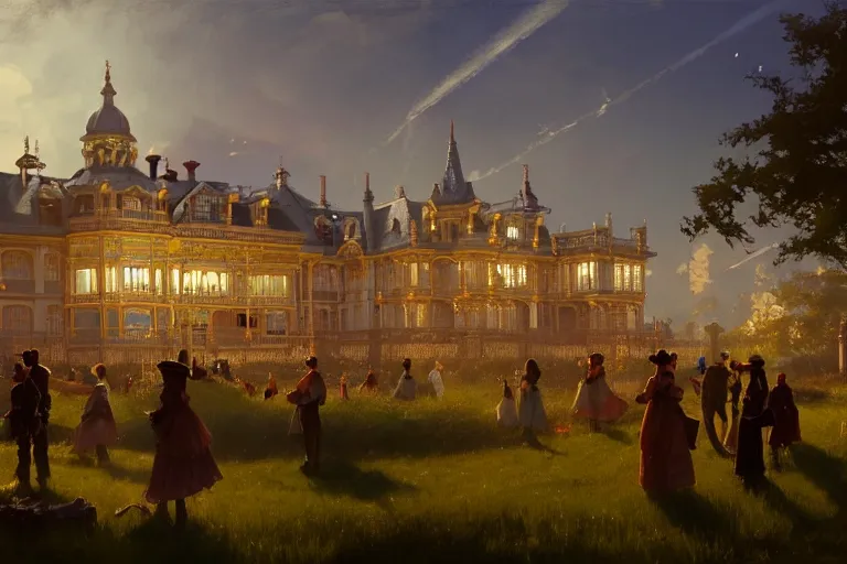 Image similar to an ornate victorian palace, party in front, scene in an open field. 1 8 9 0, key visual, conceptart, ambient lighting, highly detailed, digital painting, artstation, concept art, sharp focus, by makoto shinkai and akihiko yoshida and greg manchess