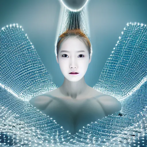 Image similar to beautiful centered fine art photo portrait of hoyeon jung as a solarpunk robotic humanoid withwhite mechanical parts with led lights, bathing in a calm lake, ultra - detailed and intricate, white background, sun lighting, soft focus, slow exposure hdr 8 k