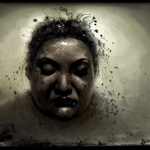 Image similar to portrait of the face of big fat old sumoringer as despair from sandman, venus of willendorf, by jeremy mann, by gregory crewdson, by bastien lecouffe deharme, by russ mills, sad face, topknot, black hair, mourning, black eyes, white room, soft lightning, high detailed, 8 k