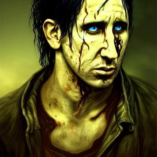 Image similar to color portrait of young and handsome trent reznor as a zombie with shoulder length hair, 7 days to die zombie, gritty background, fine art, award winning, intricate, elegant, sharp focus, cinematic lighting, digital painting, 8 k concept art, art by brom, art by guweiz and z. w. gu, art by michael hussar, 8 k