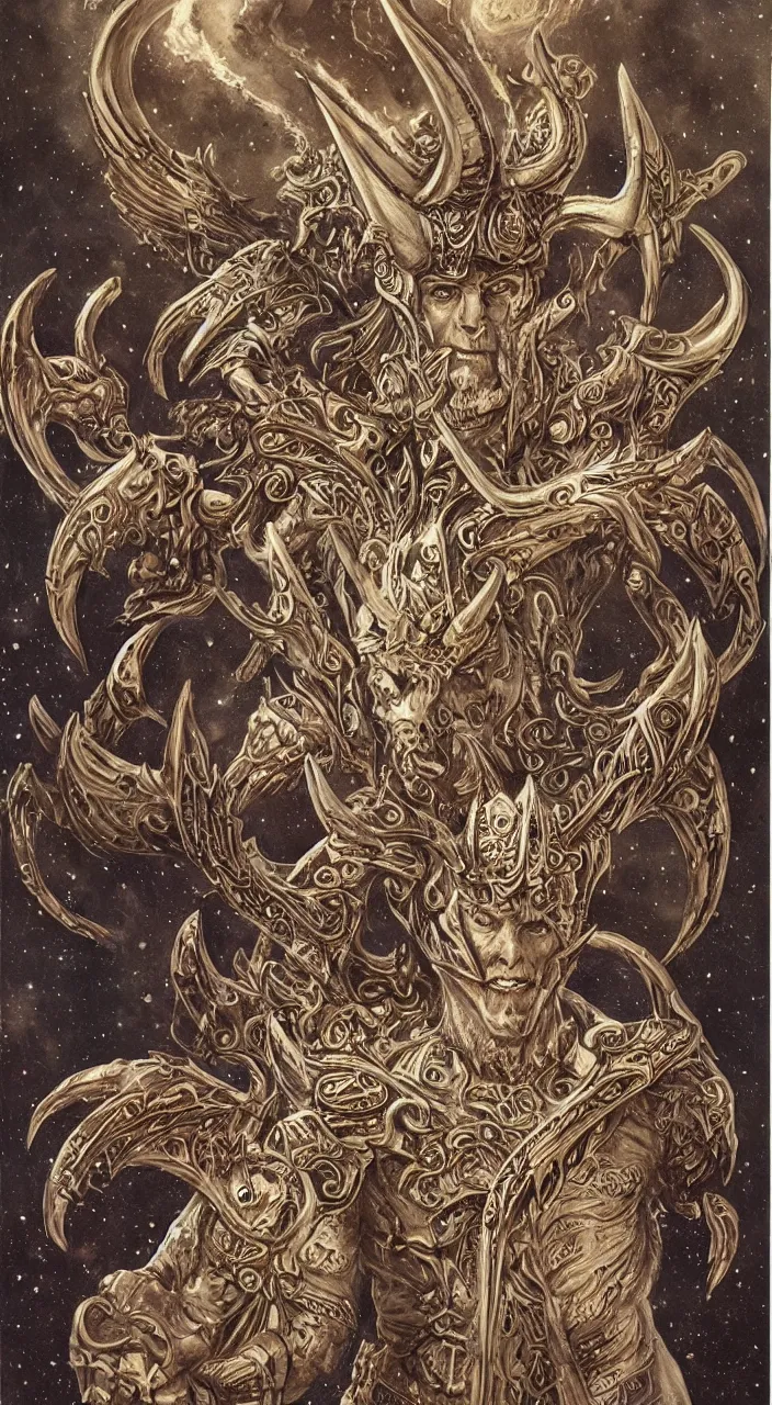 Image similar to full body concept art of baphomet wearing viking helm made with porcelain by Jeff Easley and Peter Elson + beautiful eyes, beautiful face + symmetry face + border and embellishments inspiried by Art Nouveau, fractals in the background, galaxy + baroque, gothic, surreal + highly detailed, intricate complexity, epic composition, magical atmosphere + masterpiece, award winning + trending on artstation