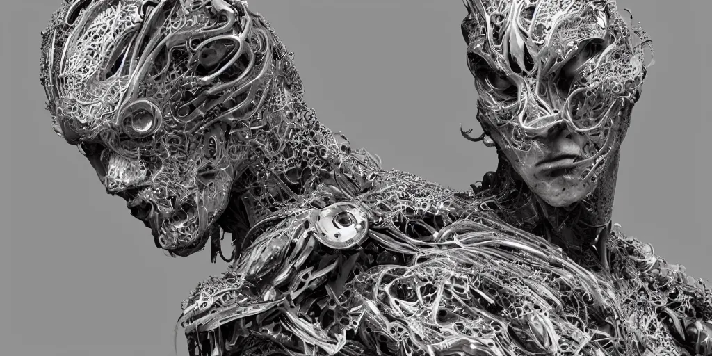 Image similar to hyper realistic photography of a stunningly beautiful cyborg male, intimately holding close, in the style of beth cavener, jin kagetsu,, and wlop, highly detailed, intricate filigree, symmetry, masterpiece, award winning, sharp focus, concept art, highkey lighting, ambient lighting, octane render, 8 k, artstation