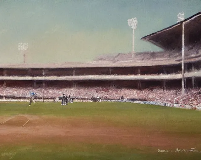 Image similar to emma watson opens the batting for england at lord's cricket ground, pil painting by greg rutkowski