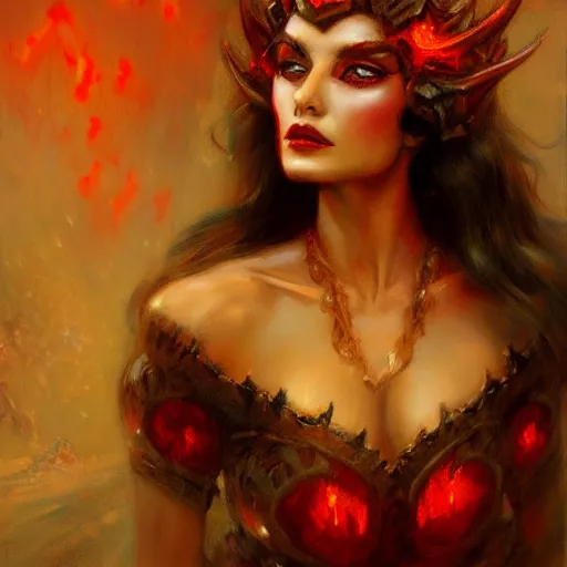 Image similar to attractive demon queen with red eyes painting by gaston bussiere and inspired by luis rollo, portrait, digital painting, highly detailed, artstation, sharp focus, illustration, concept art, hd