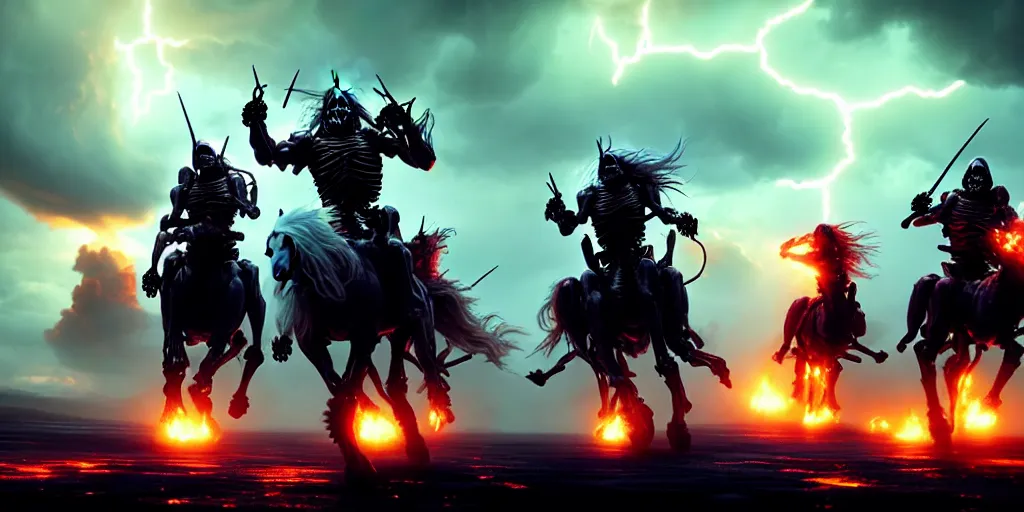 Image similar to ”four horsemen of the apocalypse riding skeleton horses towards the camera [epic, cinematic, scary, intimidating, horror, war, battle, hell, storm clouds, lightning, octane render, 8k, mattepainting, art by wlop and paul lehr and greg rutkowski]”