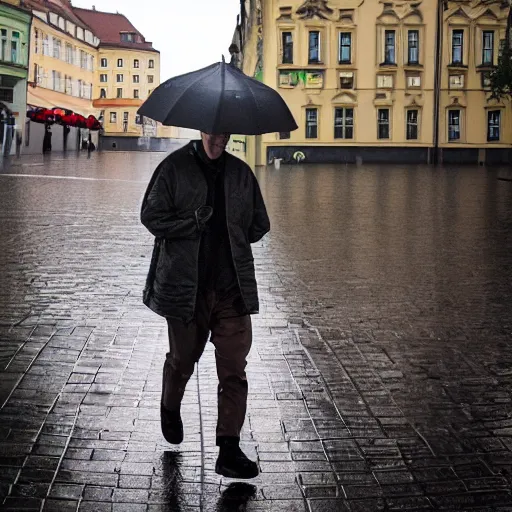 Prompt: a martian walks on a rainy street in prague, dlsr 5 5 mm