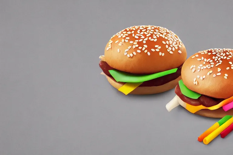 Prompt: mcdonalds!! crayons between sesame seed buns, commercial photograph