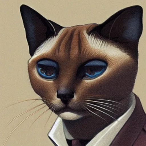 Prompt: detailed portrait of a siamese cat in a business suit, by moebius