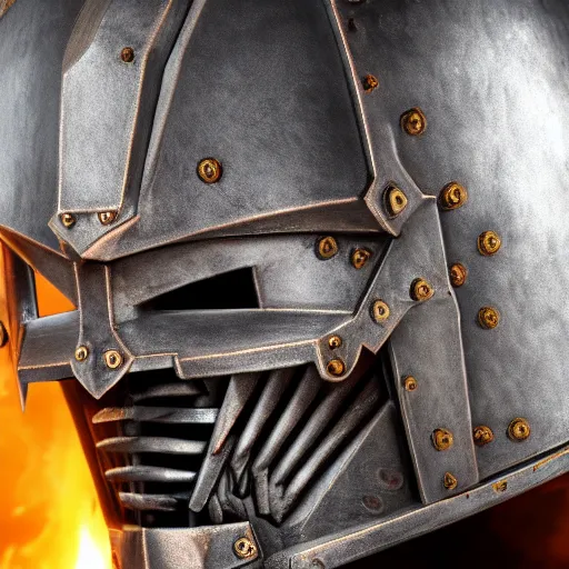 Prompt: gothic knight, close up of helm, realistic inscriptions of ancient text in steel, armor pitch black, glowing embers of light, 8 k, unreal engine 5