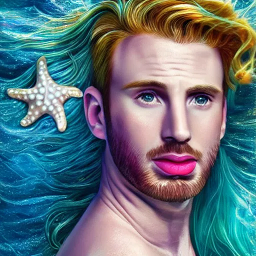 Image similar to chris evans portrait, fantasy, mermaid, hyperrealistic, highly detailed, cinematic lighting, pearls, glowing hair, shells, gills, crown, water, highlights, starfish, jewelry, realistic, digital art, pastel, magic, fiction, ocean, game, king, colorful hair, sparkly eyes, fish, god, waves, bubbles, heroic