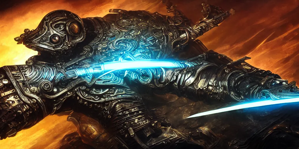 Image similar to legendary cybernetic full long sharp sword lying flat on a glowing table with a black and iridescent sword blade, digital award winning hd matte painting, intimate dark moody, intricate, ornate spikes, colorful gems on hilt, detailed realistic raytraced blade, future golden technological pommel, in the style of greg rutkowski and krenz cushart, deviantart