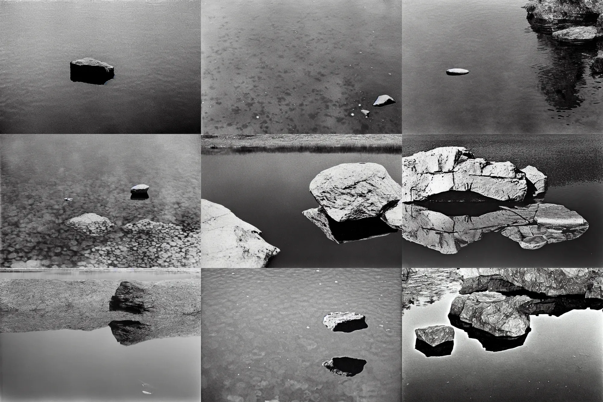 Prompt: rock reflecting in still pond as classified jet bomber flies above, film grain, 3 5 mm lens, government archive