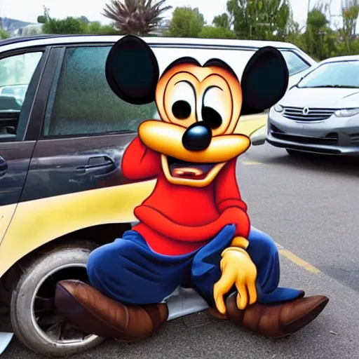 Prompt: goofy in a car accident