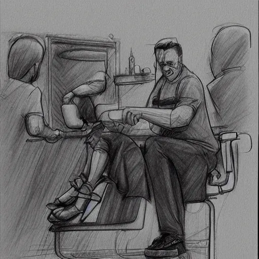 Image similar to a sketch drawing, he's at the barbershop, by gabo mendoza, trending on artstation