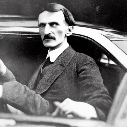 Prompt: nikola tesla driving a tesla